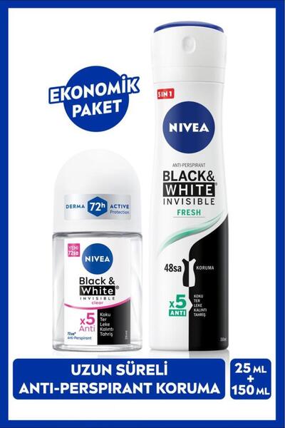NIVEA Kadın Sprey Deodorant Black&white Fresh 150ml Ve Mini Roll-on Black&whi...