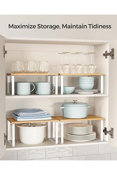 Mahmayi Kitchen Counter Shelves & Storage Rack with Metal, White and Natural, Set of 2