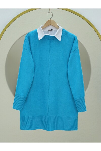 Modamorfo Crew Neck Hijab Winter Knitwear Tunic -Turquoise