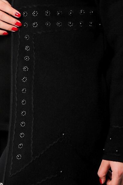 Laden Winter Black Knitwear Cardigan - Embroidery Detailed, Zippered and Thick