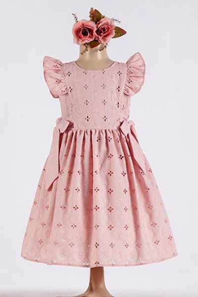 Minigimin Cicileri Flowers of My Mini Ruffled Broderie Girls' Dress with Bow - Pink