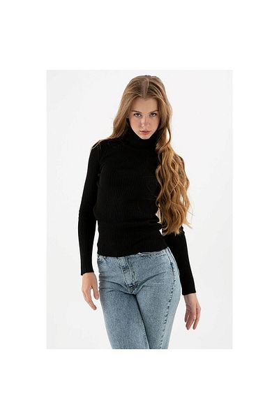 Fashion Friends Pulover negru cu gât roscat