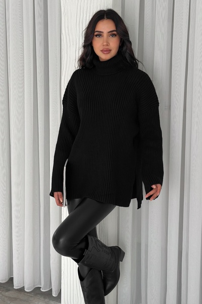 FEMELLE Women's Black Standard Size Basic High Top Oversize Knitwear Sweater