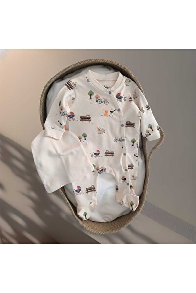 by bubbles Picnic Patterned 100% Cotton Unisex Baby Jumpsuit with Hat and Booties