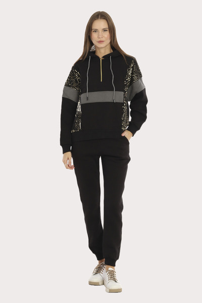 Piyera Women's Black 3 Thread Zippered Hooded Sequin Sequin Embroidered Elastic Leg Tracksuit Set - 5203