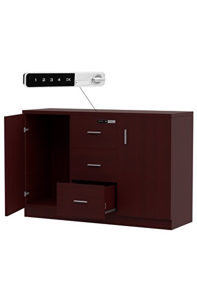 Mahmayi خزانة تخزين أرجنت 1147 بثلاثة أدراج تخزين وبابين جانبيين وقفل باللمس - لون الكرز التفاحي