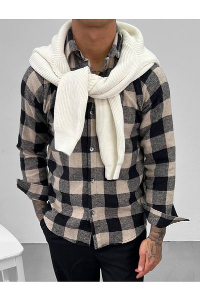 King Brothers Мъжка риза Lumberjack Slim Fit Slim Fit бежово карирано с дълъг ръкав