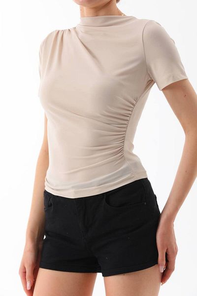 VOVSTYLE New Season Gathered Short Sleeve Sendy Fabric Blouse