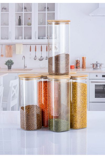 Lizzy 6 Pcs 1000 ml Square Luxury Pulses Set with Bamboo Lid