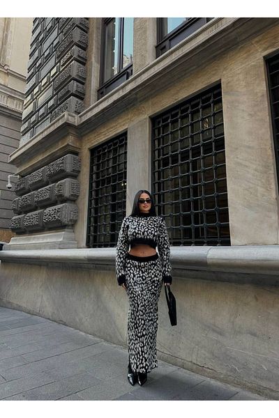 LB Laluna Butik Set de tricotaje cu pene cu model leopard pentru femei, pulover și fustă lungă