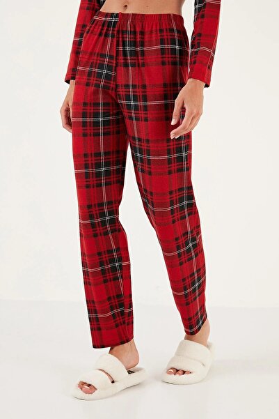 Genel Markalar Kırmızı Ekose Yılbaşı  Gömlek Yaka Süet Pamuklu Uzun Kol Pijama Takımı