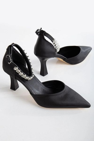 ARZUM SHOES Satin Heeled Evening Dress Shoes and Zircon Stone Chain and Armrest Bag Set