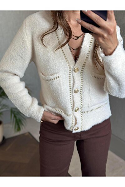 Forlady4 Women's Knitwear Cardigan with Ecru Soft Gold Stripe Detail Pockets