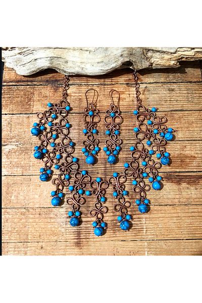 MODA Squeeze Turquoise Handmade Copper Wire Wrap Pendant Earrings