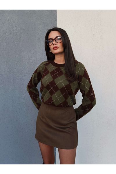ESRAHELVACI Fusta mini din piele intoarsa kaki inchis
