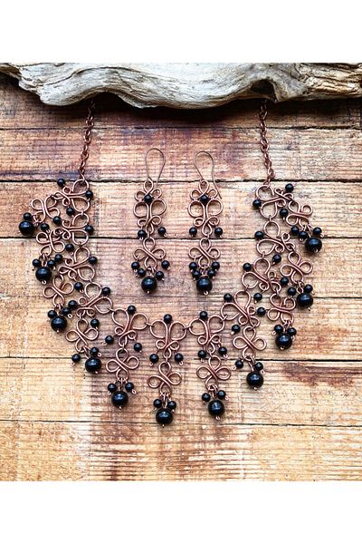 MODA Onyx Natural Stone Copper Wire Wrap Necklace Earrings Set