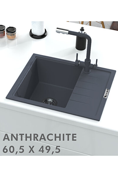 HENASURFACE Granit Eviye 1 Gözlü Damlalıklı Antrasit 60x50 Granit Evye Kuvars