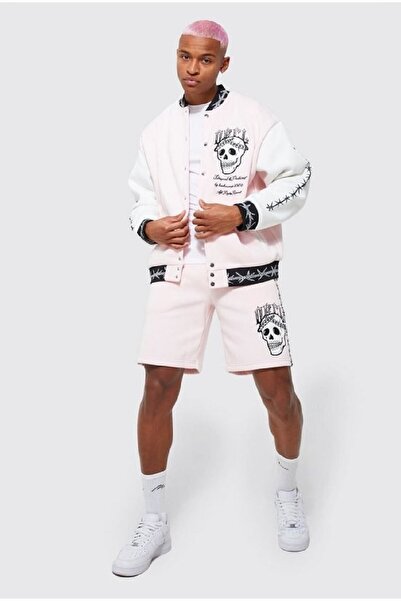 NEWLAKER Unisex Oversize Pembe Kabaran Baskılı Bomber Kolej Ceket