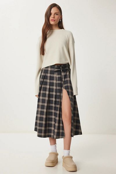 Marjinal Front Slit Plaid Patterned Belted Skirt