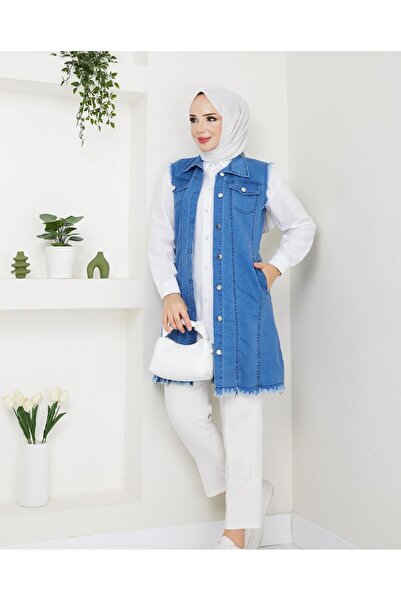 exxitcollection Vestă de blugi moale și confortabilă pentru femei Hijab cu buzunare