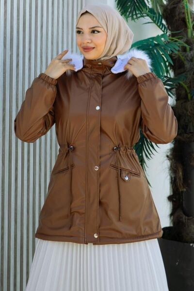 BurcuFashion Belden Bağcık, Çıtçıt ve Fermuar Detaylı Kapşonlu Kısa Deri Mont...