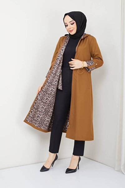 RACE FASHİON Leopard Patterned Bondit Fabric Elastic Waist Hooded Waterproof Trench Coat Rc1205010
