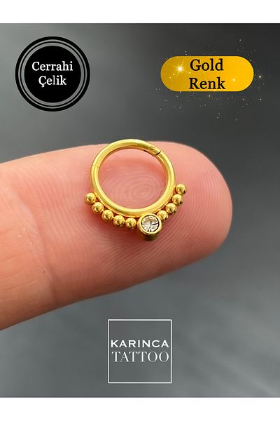 Karınca Piercing Stoned Gold Color Clip Ear Helix Tragus Septum Full Ring Piercing (Ant Tattoo)