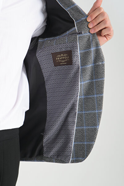Frappoli Vestore Erkek Siyah Ekose Slim Fit Mono Yaka Spor Blazer Ceket