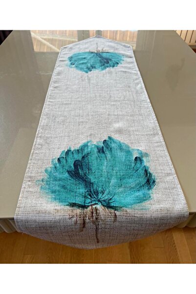 Lia Store Turquoise Floral Patterned Linen Textured 35*135 cm Runner