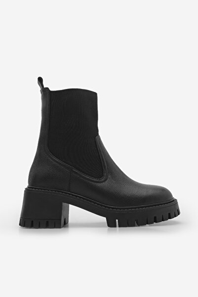 Marjin Γνήσιες δερμάτινες μαύρες μπότες με χοντρό τακούνι - Ελαστική και οδοντωτή σόλα, Daily Roden