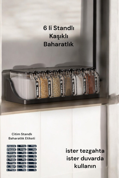 Citim 6 Lı Standlı Kendinden Yapışkanlı Kapaklı Kaşıklı Baharatlık Takımı -et...