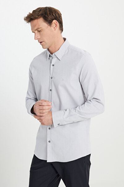 ALTINYILDIZ CLASSICS Erkek Açık Gri %100 Pamuk Flanel Slim Fit Dar Kesim Gizli Düğmeli Yaka Gömlek