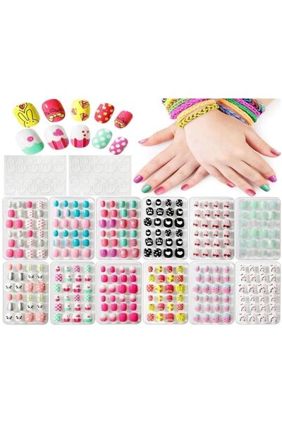 BURCU 1 Paket Karışık Yapışkanlı Kız Çocuk Desenli Karışık Renk 12'li Takma Tırnak 12 Adet