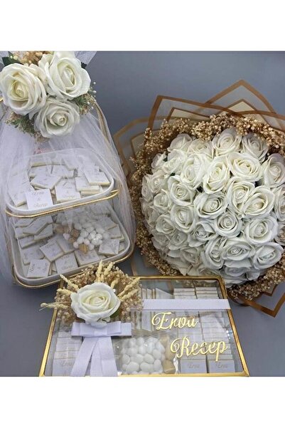 gifthomeshop 3'lü Set - Buket Isteme Çiçeği Iki Katlı Ve Cam Kutuda Iste...