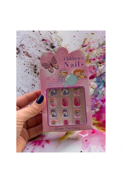 BURCU 1 Paket Karışık Yapışkanlı Kız Çocuk Desenli Karışık Renk 12'li Takma Tırnak 12 Adet