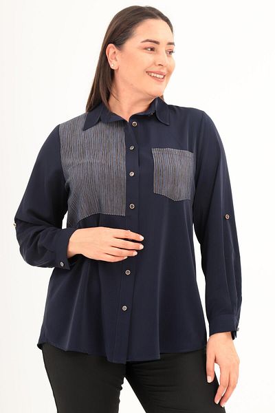 Metpoint Trend42Plus Large Size Silvery Stripe Pocket Navy Blue Shirt