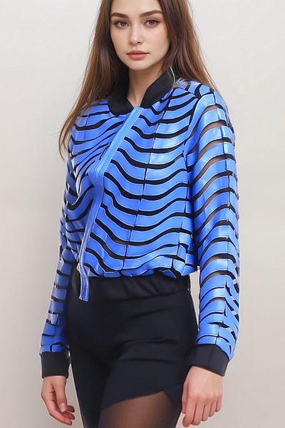 Zamback Uhin Jacket - Geometric Print Real Leather Decorated Knitwear Detailed Women's Jacket