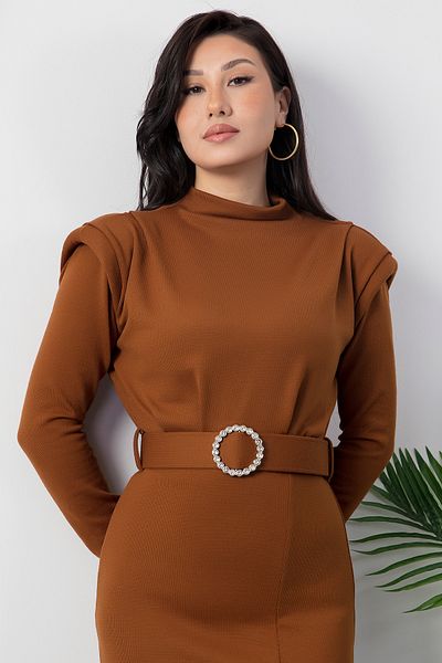 PULLIMM Stand Collar Shoulder Padded Knitwear Dress 2024-3027