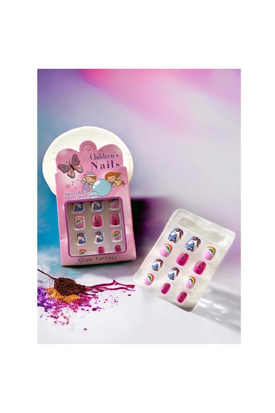 BURCU 1 Paket Karışık Yapışkanlı Kız Çocuk Desenli Karışık Renk 12'li Takma Tırnak 12 Adet