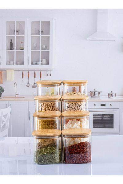 Lizzy 8 Pieces Luxury Square Jar Set with Bamboo Lid