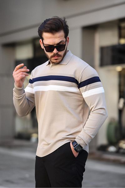 Miron Polo Neck Beige Striped Knitwear Sweater - 2444