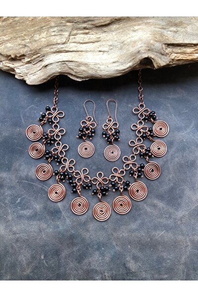 MODA Oniks Doğal Taş El Yapımı Bakır Tel Sarma Kolye Küpe Takımı