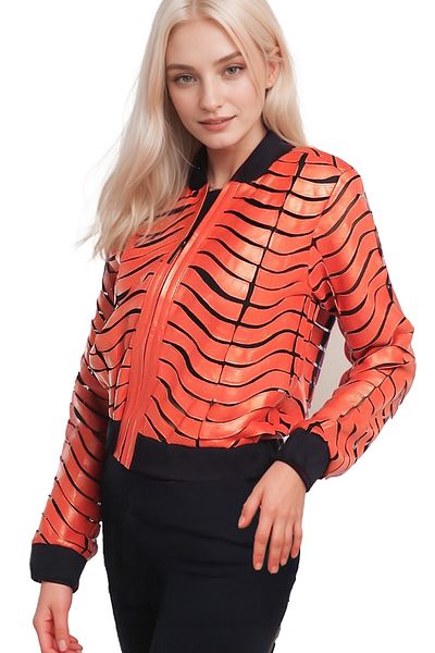 Zamback Uhin Jacket - Geometric Print Real Leather Decorated Knitwear Detailed Women's Jacket