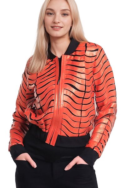 Zamback Uhin Jacket - Geometric Print Real Leather Decorated Knitwear Detailed Women's Jacket