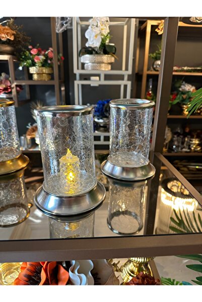 Yalın 2’li çatlak cam gümüş renk mumluk