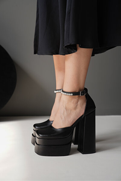 Ayakkabı Ateşi Kadın Yüksek Platform Taş Baretli Topuklu Ayakkabı Tinoa Siyah Cilt