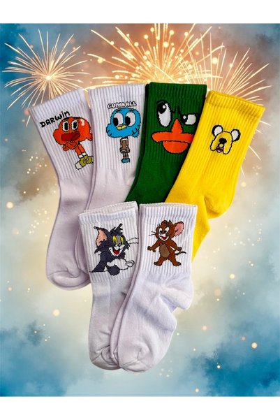 çorapdunyam Pack of 6 Unisex Plain Character Cute Cheerful College Tennis Socks