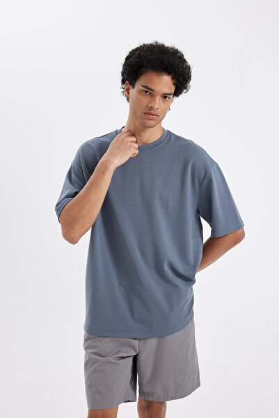 DeFacto Übergroßes, geräumiges, kurzärmliges Basic-T-Shirt aus schlichtem, schwerem Stoff mit Rundhalsausschnitt 3159396