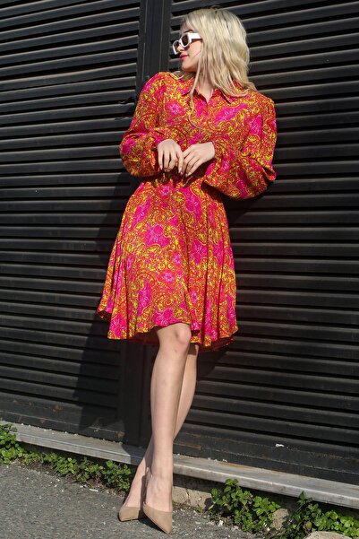 Madmext Fuşya Çiçek Desenli Gömlek Yaka Mini Elbise Mg1823