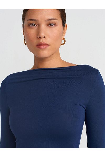 Dilvin 31213 Boat Neck Long Sleeve Top-Navy Blue
